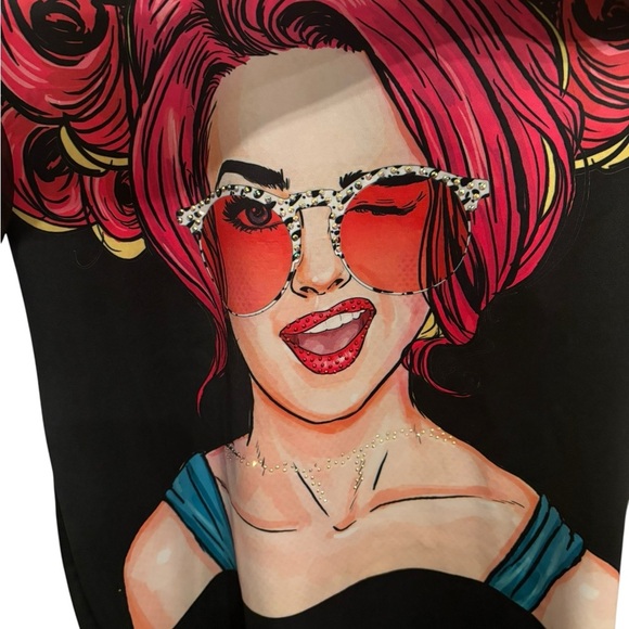 Fashion Nova Black Tee with Pink and Yellow Graphic - Picture 3 of 6